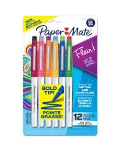 Paper Mate Flair Porous Point Bold Tip Pens, 1.2 mm, White Barrel, Assorted Ink Colors, Pack Of 12 Pens