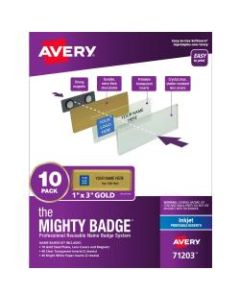 Avery The Mighty Badge Magnetic Badges For Inkjet Printers, 1in x 3in, Gold, Pack Of 10 Badges