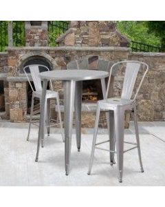 Flash Furniture Commercial-Grade Round Metal Indoor/Outdoor Bar Table Set With 2 Cafe Stools, 41inH x 30inW x 30inD, Silver