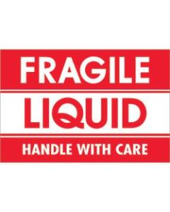 Tape Logic Preprinted Labels, DL2165, Fragile - Liquid - Handle With Care, Rectangle, 2in x 3in, Red/White, Roll Of 500