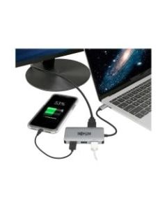 Tripp Lite USB C Multiport Adapter Converter w/ 3 USB-A Ports, 4K HDMI, 3 x Type A Female USB, 1 x USB Type C Female Power - 3840 x 2160 Supported - Nickel Connector - Gray