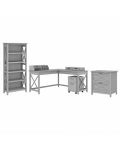 Bush Furniture Key West 60inW L-Shaped Desk With File Cabinets, Bookcase And Desktop Organizers, Cape Cod Gray, Standard Delivery
