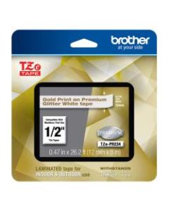Brother TZe Premium Glitter Laminated Tape, 1/2in x 26-3/16ft, Gold Ink/White Tape