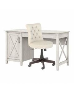 Bush Furniture Key West 54inW Computer Desk With Storage And Mid-Back Tufted Office Chair, Linen White Oak, Standard Delivery