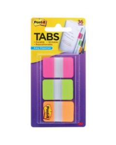 Post-it Durable Index Tabs, 1in x 1 1/2in, Green/Orange/Pink, 12 Flags Per Pad, Pack Of 36