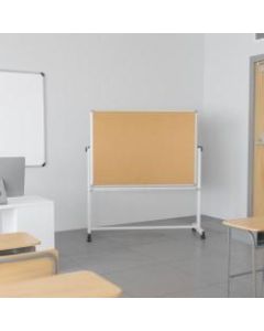 Flash Furniture Reversible Mobile Cork Board/Non-Magnetic Dry-Erase Whiteboard With Pen Tray, 59in x 53in, Aluminum Frame With Silver Finish