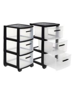 Inval MQ 3-Drawer Rolling Storage Cabinets, 25-1/2inH x 12-1/2inW x 14-1/2inD, Black/Clear, Set Of 2 Cabinets