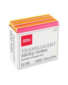 Office Depot Brand Translucent Sticky Notes, With Storage Tray, 3in x 3in, Assorted Colors, 50 Notes Per Pad, Pack Of 12 Pads