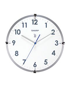 Sharp Atomic Round Wall Clock, 11in, White/Silver