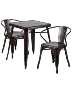 Flash Furniture Commercial-Grade Square Metal Table With 2 Arm Chairs, 29inH x 27-3/4inW x 27-3/4inD, Black/Antique Gold