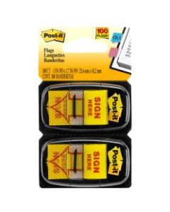 Post-it Notes Sign Here Printed Flags, 1in x 1-7/10in, Yellow, 50 Flags Per Pad, Pack Of 2 Pads