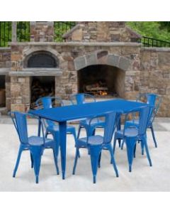 Flash Furniture Commercial-Grade Rectangular Metal Table Set With 6 Stack Chairs, 29-1/2inH x 31-1/2inW x 63inD, Blue