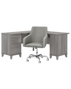 Bush Furniture Somerset 60inW L-Shaped Desk With Mid-Back Leather Box Chair, Platinum Gray, Standard Delivery