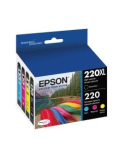 Epson 220XL/220 DuraBrite High-Yield Black And Standard-Yield Cyan/Magenta/Yellow Ink Cartridges, Pack Of 4, T220XL-BCS