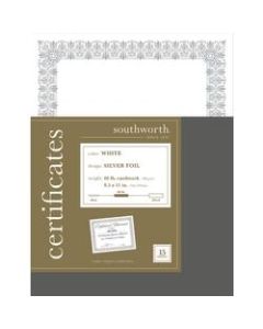 Southworth Premium Foil Certificates, 8 1/2in x 11in, 66 Lb White/Silver Foil Fleur, Pack Of 15