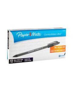 Paper Mate Comfortmate Ultra Ballpoint Stick Pens, Medium Point, 1.0 mm, Black Barrel, Black Ink, Pack Of 12