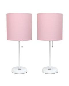 LimeLights Stick Desktop Lamps With Charging Outlets, 19-1/2in, Pink Shade/White Base, Set Of 2 Lamps