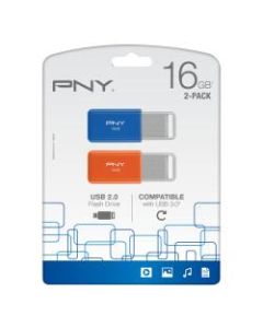 PNY USB 2.0 Flash Drives,16GB, Assorted, Pack Of 2