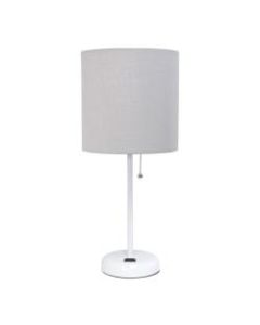LimeLights White Stick Lamp with Charging Outlet and GrayFabric Shade