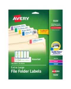Avery TrueBlock Extra-Large Permanent Inkjet/Laser File Folder Labels, 5026, 15/16in x 3 7/16in, Assorted Colors, Pack Of 450