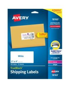 Avery Shipping Labels With TrueBlock Technology, 18163, 2in x 4in, White, Pack Of 100