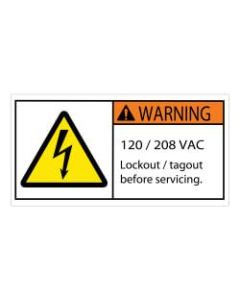 Tape Logic Durable Rectangle Safety Labels, DSL520, 2in x 4in, Warning 120/208 VAC, Roll Of 25 Labels