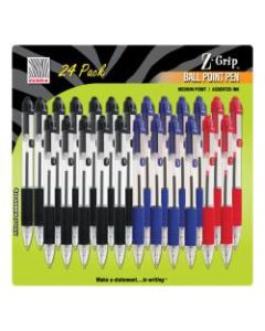 Zebra Z-Grip Retractable Ballpoint Pens, Medium Point, 1.0 mm, Translucent Barrels, Assorted Ink Colors, Pack Of 24
