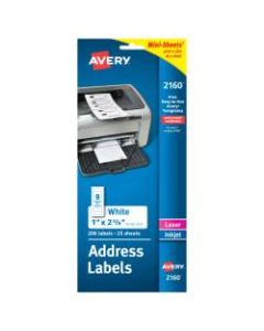 Avery Mini-Sheets White Permanent Address Labels, 2160, 1in x 2 5/8in, Pack Of 200
