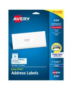 Avery Easy Peel Address Labels With Sure Feed Technology, 8160, 1in x 2 5/8in, White, Box Of 750
