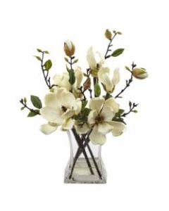 Nearly Natural 15inH Plastic Magnolia Arrangement With Vase, White