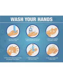 Lorell Wash Your Hands 6 Steps Sign, 8in x 6in, Blue/White