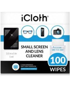 icloth 100-Pack 3.5 x 5-In. Small Screen and Lens Wipes - For Mobile Phone, Glasses, Aerospace, Screen, Lens - Hypoallergenic, Low Linting, Absorbent, Soft, Silicone-free, Ammonia-free, Pre-moistened - Fabric - 100 / Carton - 1 Carton