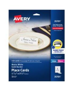 Avery Laser/Inkjet Place Cards, 1 7/16in x 3 3/4in, Gold Border, Pack of 150