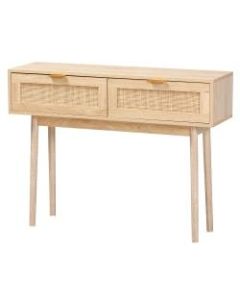 Baxton Studio Mid-Century Modern Rattan 2-Drawer Console Table, 29-1/2inH x 39-7/16inW x 11-13/16inD, Light Oak