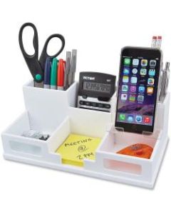 Victor W9525 Pure White Desk Organizer with Smart Phone Holder- 6 Compartment(s) - 3.5in Height x 5.5in Width x 10.4in Depth - White - Wood, Frosted Glass, Rubber - 1 Each