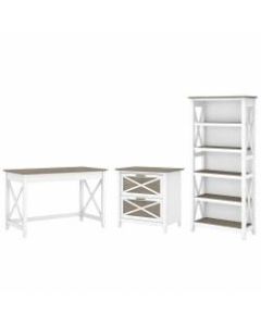 Bush Furniture Key West 48inW Writing Desk With 2-Drawer Lateral File Cabinet And 5-Shelf Bookcase, Shiplap Gray/Pure White, Standard Delivery