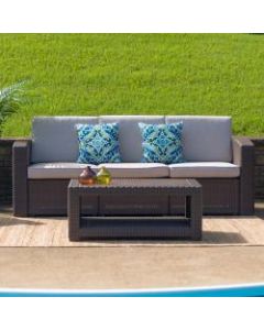 Flash Furniture Faux Rattan Outdoor Sofa With Curved Arms And All-Weather Cushions, Chocolate Brown