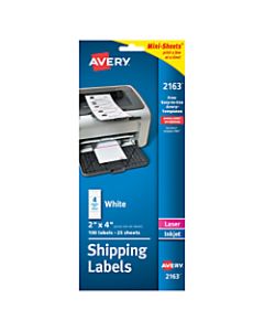 Avery Inkjet/Laser Labels, 2163, Mini-Sheets Shipping, 2in x 4in, Permanent, White, Pack Of 100