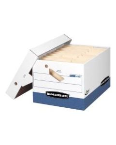 Bankers Box Presto Heavy-Duty Storage Boxes With Locking Lift-Off Lids And Built-In Handles, Letter/Legal Size, 15in x 12in x 10in, 60% Recycled, White/Blue, Case Of 4