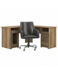 Bush Furniture Cabot 60inW L-Shaped Computer Desk With Mid-Back Leather Box Chair, Reclaimed Pine, Standard Delivery