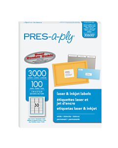 PRES-a-ply Labels for Laser and Inkjet Printers, 30600, Permanent Adhesive, 1inW x 2 5/8inL, Rectangle,  White, Box Of 3,000