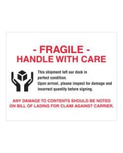 Tape Logic Pallet Protection Labels, "Fragile Handle With Care", Rectangular, DL1636, 8in x 10in, Multicolor, Roll Of 250 Labels