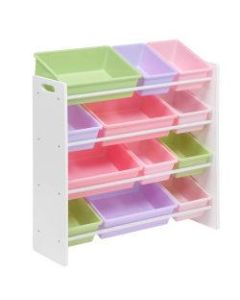 Honey-can-do SRT-01603 Kids Toy Organizer and Storage Bins, White/Pastel - 12 x Bin - 36in Height x 12.5in Width33.3in Length - Durable, Heavy Duty, Stain Resistant, Rounded Corner, Sturdy - White, Pastel Frame - Plastic, Wood, MDF