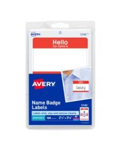 Avery Self-Adhesive Name Badges, Hello My Name Is, Red, Pack Of 100