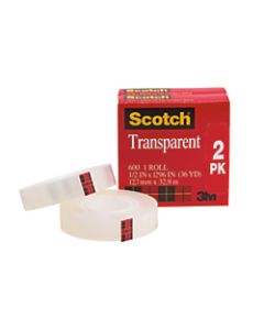 Scotch Transparent Tape, 1/2in x 1,296in, Clear, Pack Of 2 Rolls