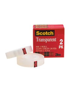 Scotch Transparent Tape, 1/2in x 1,296in, Clear, Pack Of 2 Rolls