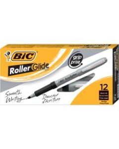 BIC Grip Roller Pens, Fine Point, 0.7 mm, Gray Barrel, Black Ink, Pack Of 12 Pens