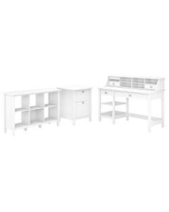 Bush Furniture Broadview 54inW Computer Desk With Open Storage, Organizer, 6-Cube Bookcase And File Cabinet, Pure White, Standard Delivery