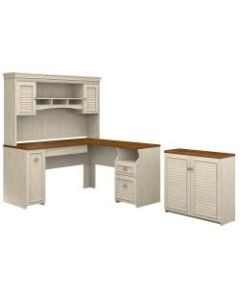 Bush Furniture Fairview 60inW L Shaped Desk With Hutch And Small Storage Cabinet, Antique White/Tea Maple, Standard Delivery