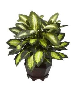 Nearly Natural 22inH Silk Triple Golden Dieffenbachia With Wood Vase, Green